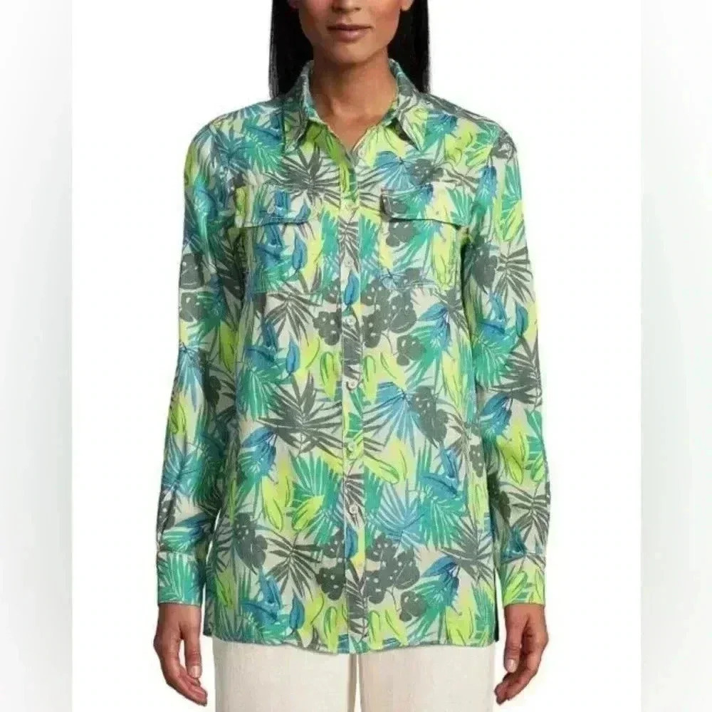 Lands' End Linen Button Front Tropical Button Up Top M(10-12)
